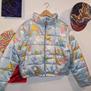 Care Bears Satin Puffer Jacket Rave Festival XL Blue